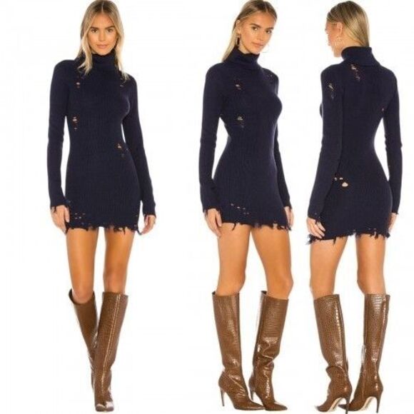 NWT LOVERS & FRIENDS Keeney Distressed Sweater Mini Dress Size M Navy Wool Blend - Picture 1 of 16